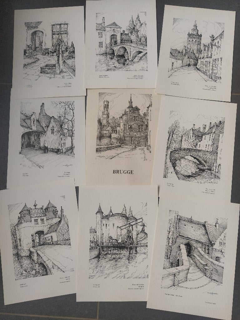 map met 8 etsen over Brugge/Maurits Dousselaere, Antiek en Kunst, Ophalen of Verzenden, Stadsgezicht