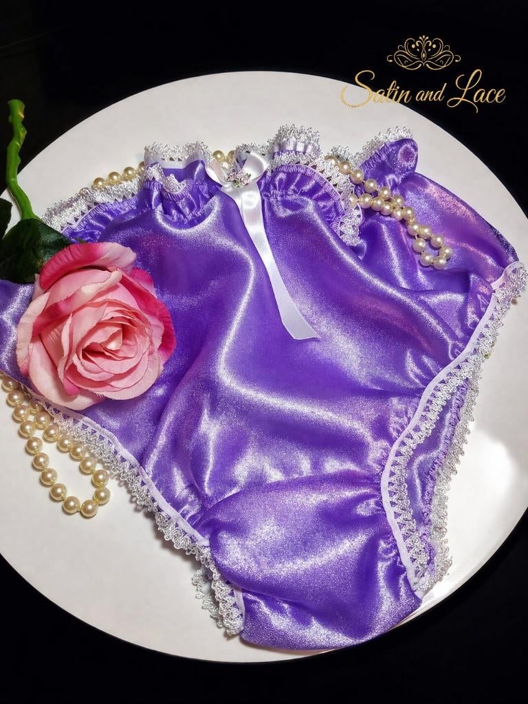 Purple Satin Panties – Glossy Lace Trim Lingerie for Men, Kleding | Dames, Handmade, Verzenden, Paars, Slip