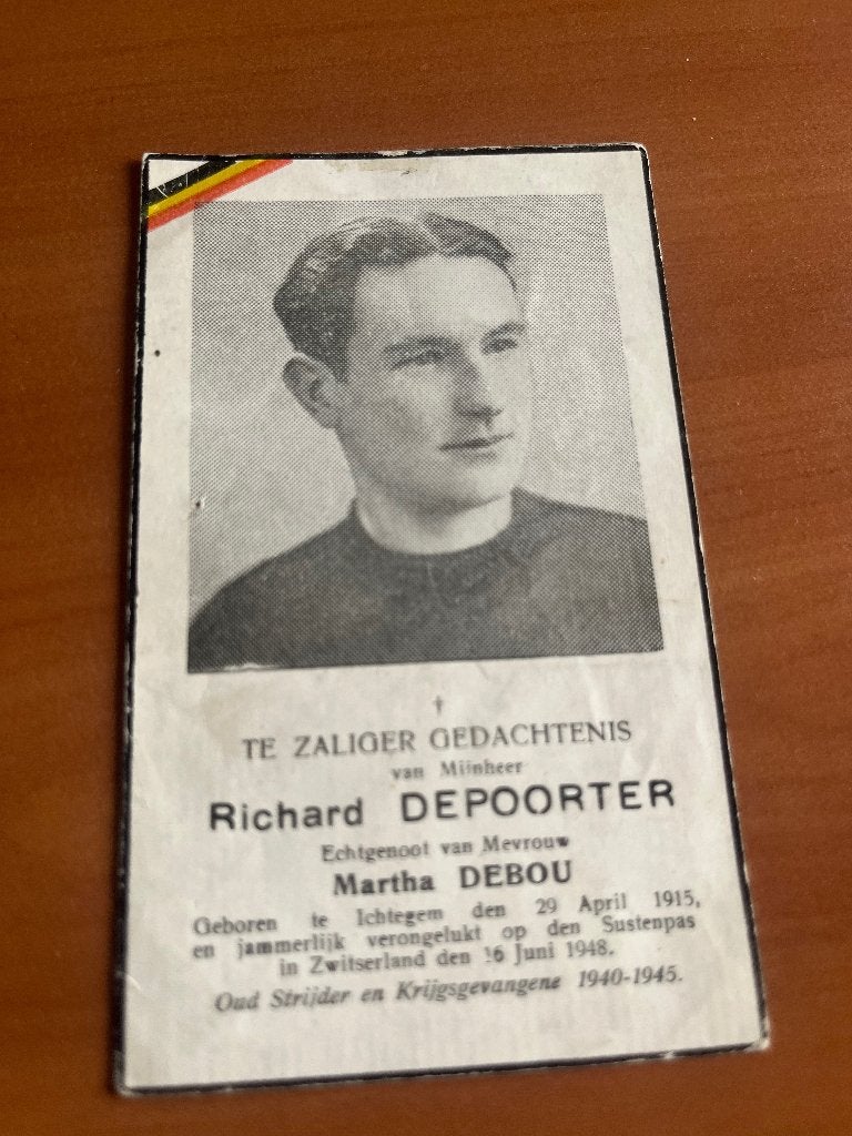 Wielrenner Richard Depoorter Ichtegem 1915 +Sustenpass 1948, Verzamelen, Bidprentjes en Rouwkaarten, Verzenden, Rouwkaart