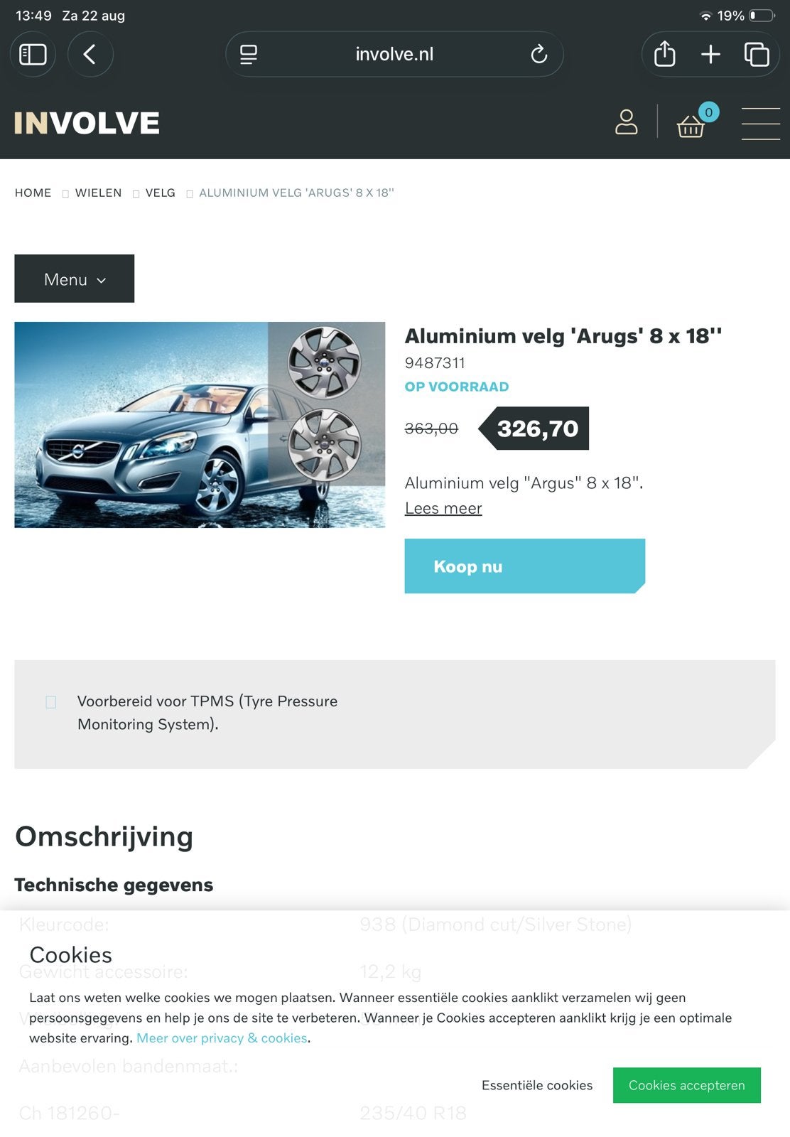 Volvo 8x18 velgen hoogglanszwart met banden, Enlèvement, Volvo