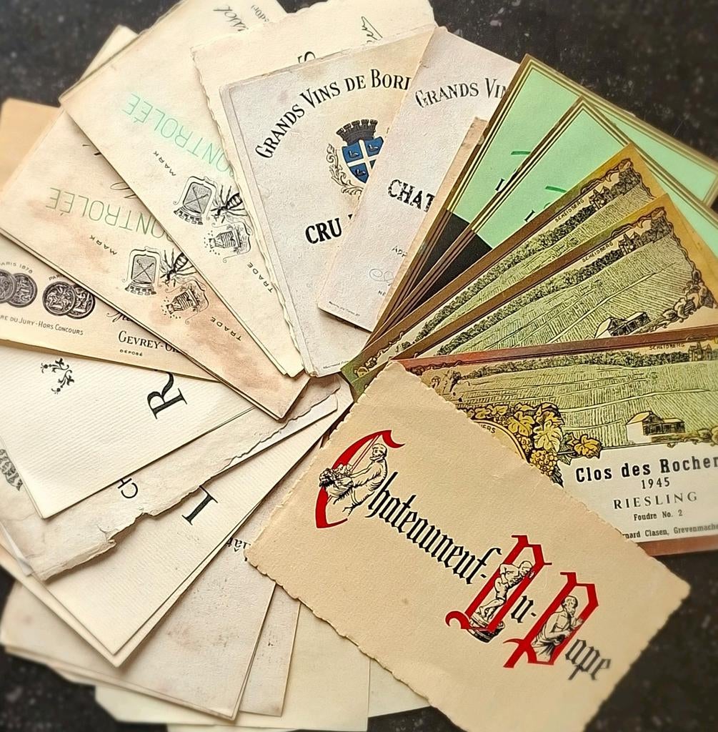 Set vintage wijnetiketten uit de jaren 30 tot 40, Ophalen of Verzenden