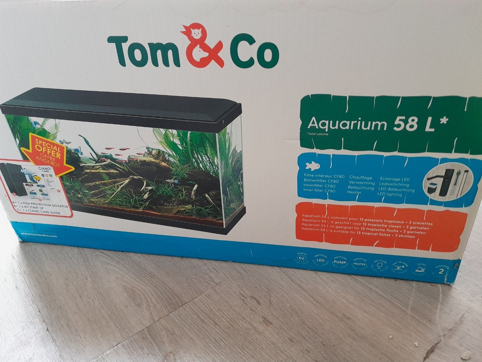 aquarium 58 litre tom&co, Couvercle inclus, Aquarium vide, Enlèvement, Utilisé