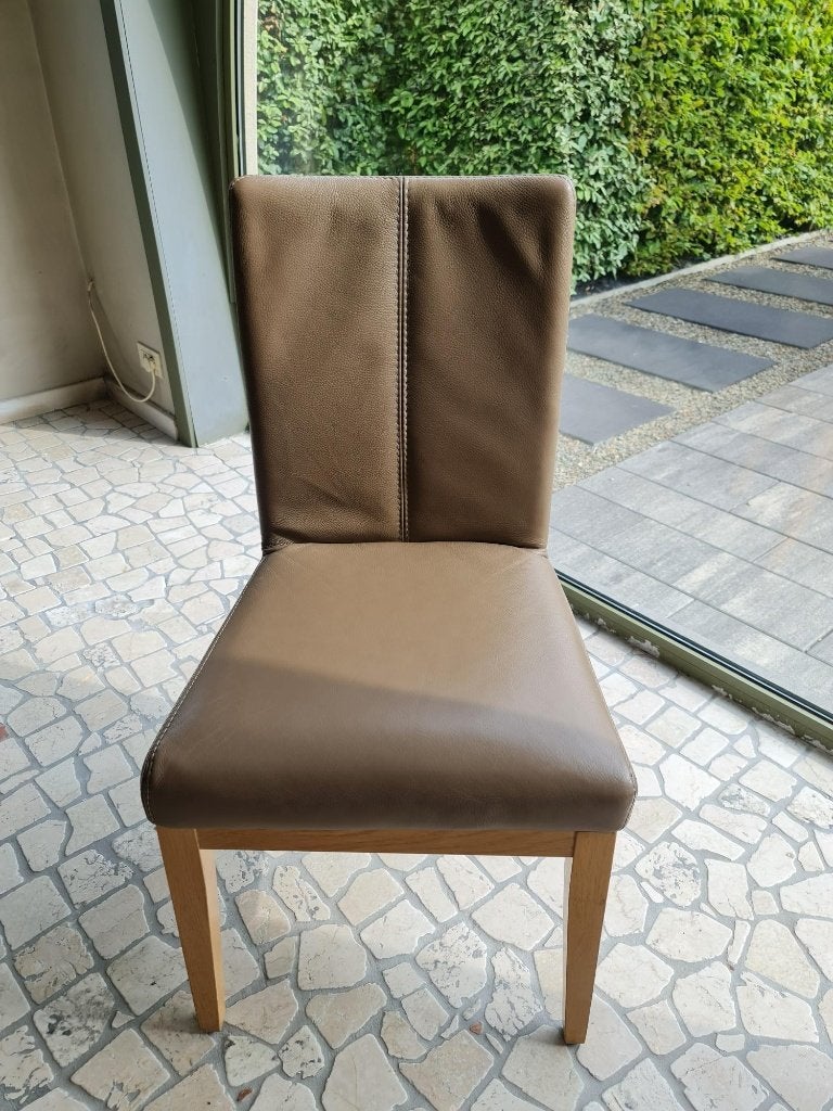 6 chaises en cuir couleur taupe, Maison & Meubles, Enlèvement, Bois, Landelijk, Brun