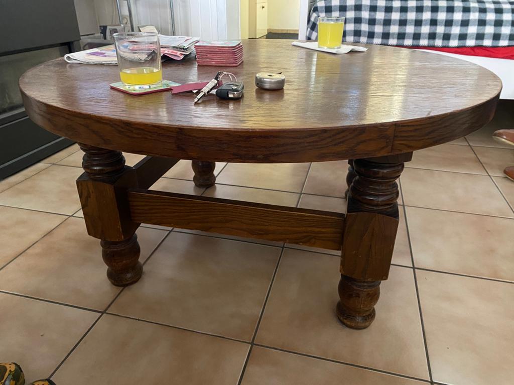 verkoop van oude salontafel wegens verhuis, Ophalen, Gebruikt, 100 tot 150 cm, Rond