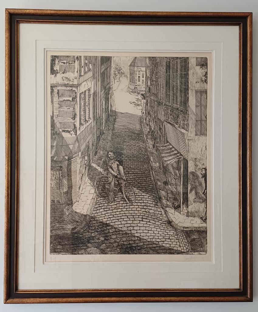 Ets van Roger Van Akelijen, Antiek en Kunst, Ophalen, Ingelijst, Stadsgezicht, 50 cm