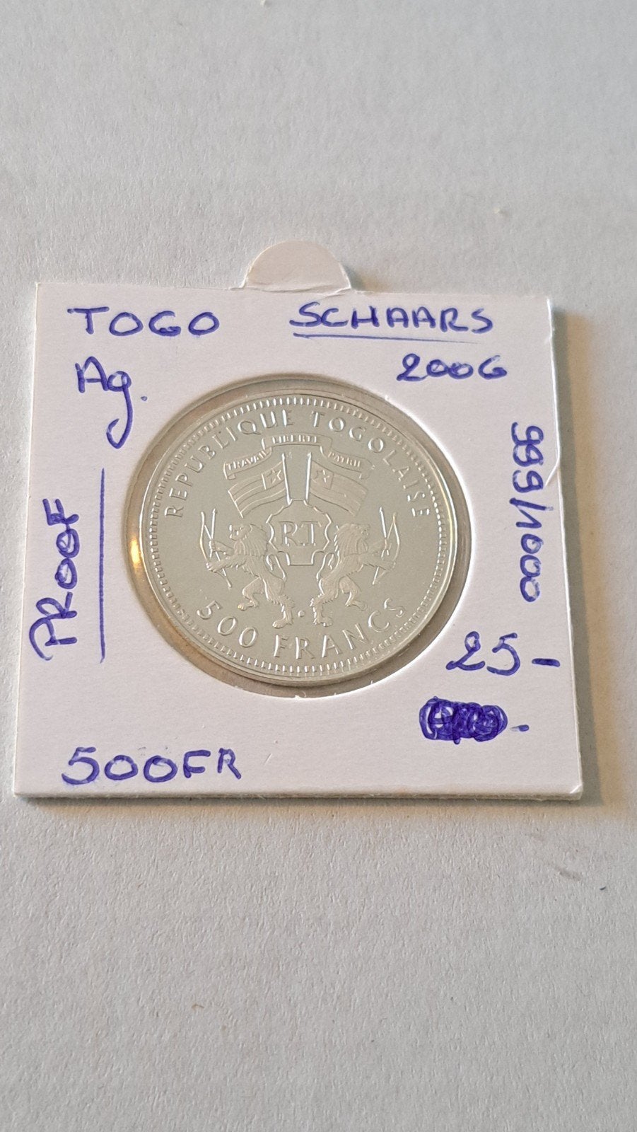 Togo 500 fr 2006 AG (999/1000), Postzegels en Munten, Munten | Afrika, Ophalen of Verzenden