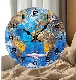 Ronde wandklok van hout Wereldbol (25cm), Ophalen of Verzenden, Nieuw, Wandklok