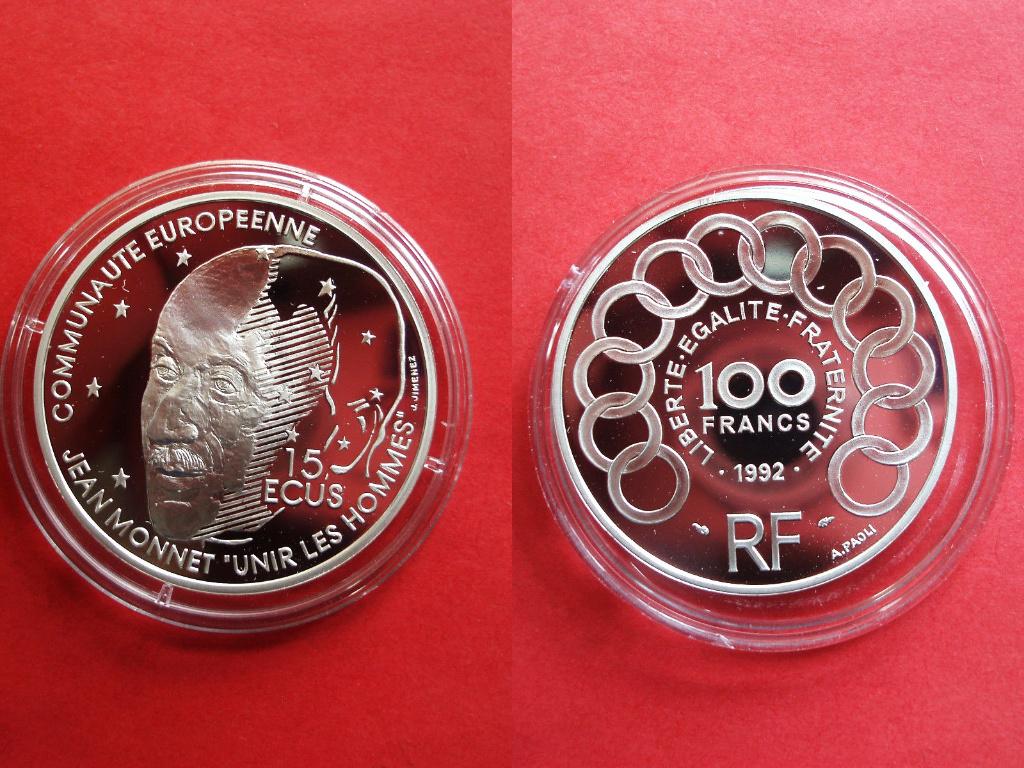 France, 100 francs - 15 ecu, 1992 Jean Monet, Postzegels en Munten, Verzenden, Frankrijk, Zilver