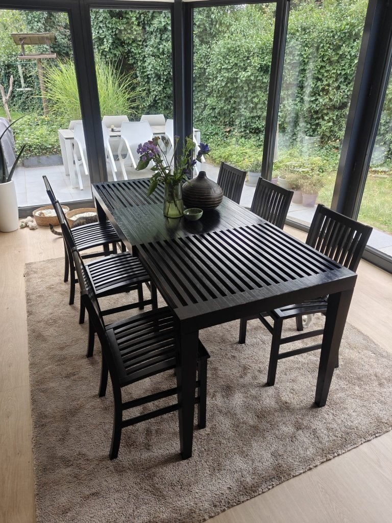 uitschuifbare designtafel met 6 stoelen, Huis en Inrichting, Tafels | Eettafels, Ophalen, Gebruikt, 50 tot 100 cm, Vijf personen of meer