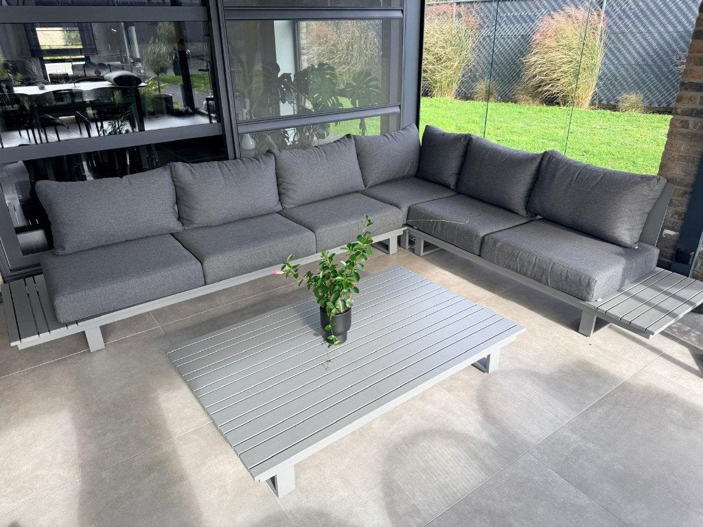 Luxe aluminium loungeset met grote salontafel, 6 zitplaatsen, Bank, Aluminium, Ophalen of Verzenden