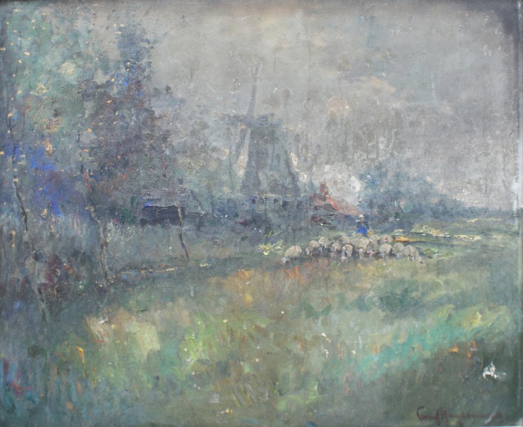 Paul Hagemans (1884-1959): Landschap met molen en schapen, Enlèvement