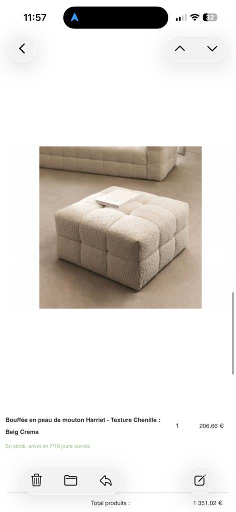 Pouf carré Sklum  bouclette crème - Style bouclé tendance, Enlèvement, Comme neuf, Beige