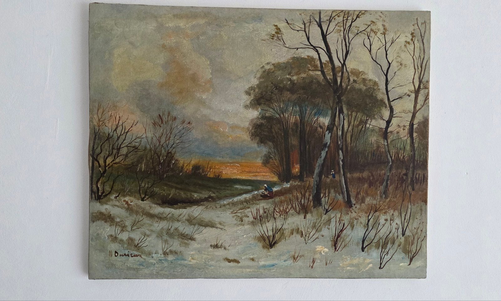 Olieverf op oud doek gesigneerd winterlandschap 50 x 40 cm, Ophalen