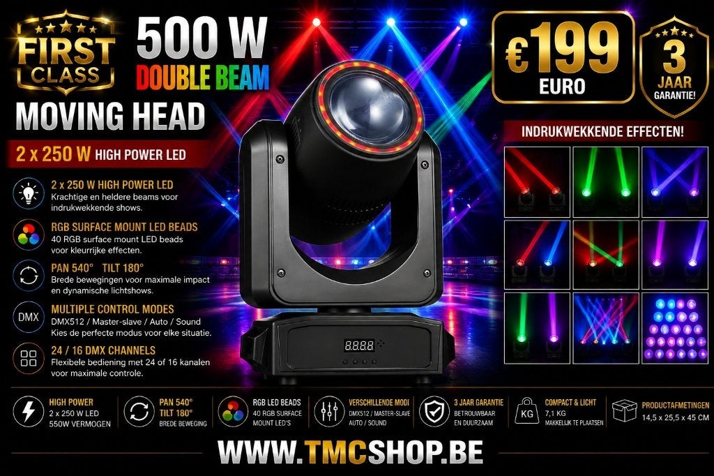 Nieuwe First Class 500 W Double Beam Moving Head, Ophalen of Verzenden, Nieuw, Licht, Geluidgestuurd