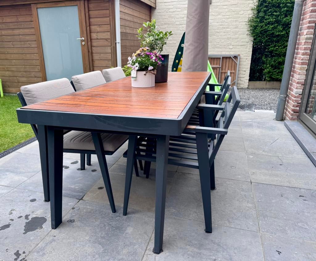 Tuintafel + 6 stoelen, Tuin en Terras, Ophalen, Gebruikt, 6 zitplaatsen, Teakhout