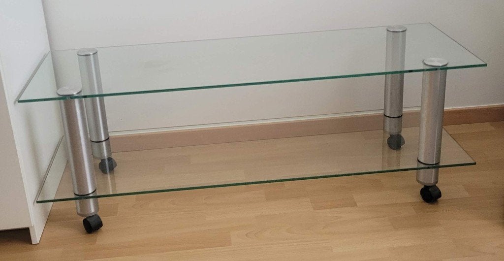 Glazen TV meubel op wieltjes, Ophalen, Zo goed als nieuw, Rechthoekig, Modern