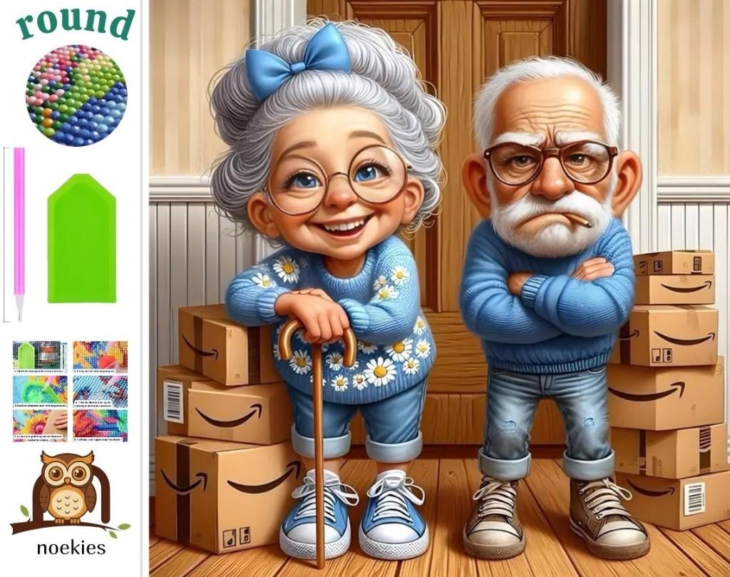 nr 481 Diamond Painting oud stel dozen 25x25cm (rond), Fantasie, Verzenden, Nieuw, Meerkleurig