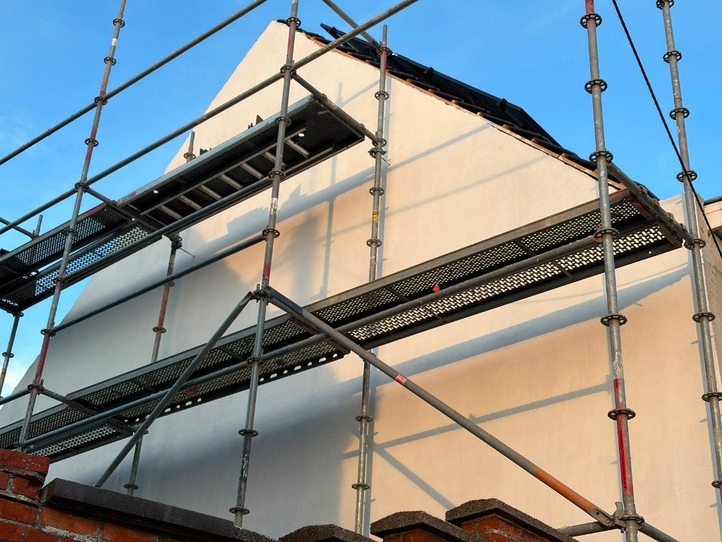 Professionele Gevelstelling compleet voor minstens 65m2, Doe-het-zelf en Bouw, Steigers, Ophalen, Gebruikt, Gevelsteiger, 5 meter of hoger