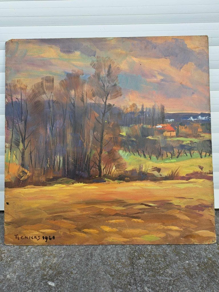 Huile sur panneau paysage signe tony reniers, Antiquités & Art, Enlèvement ou Envoi