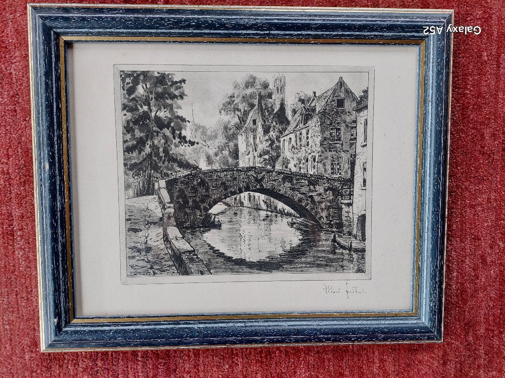 3 gravures encadrées de A. Goethals, Bruges, Antiquités & Art, Eau-forte, Enlèvement ou Envoi, 29 cm, 35 cm