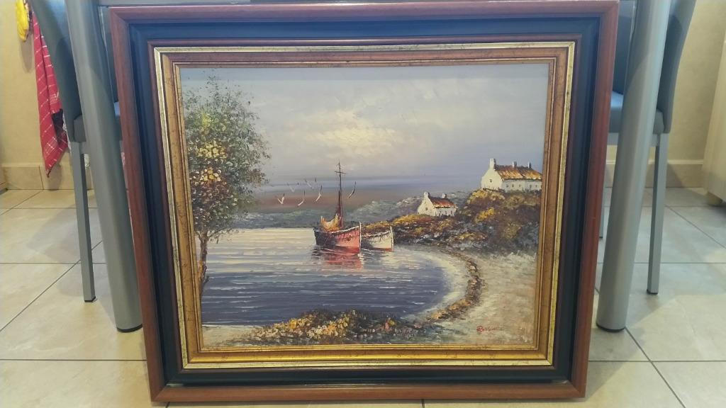 Olieschilderij van schepen in baai, klassiek landschap, Enlèvement