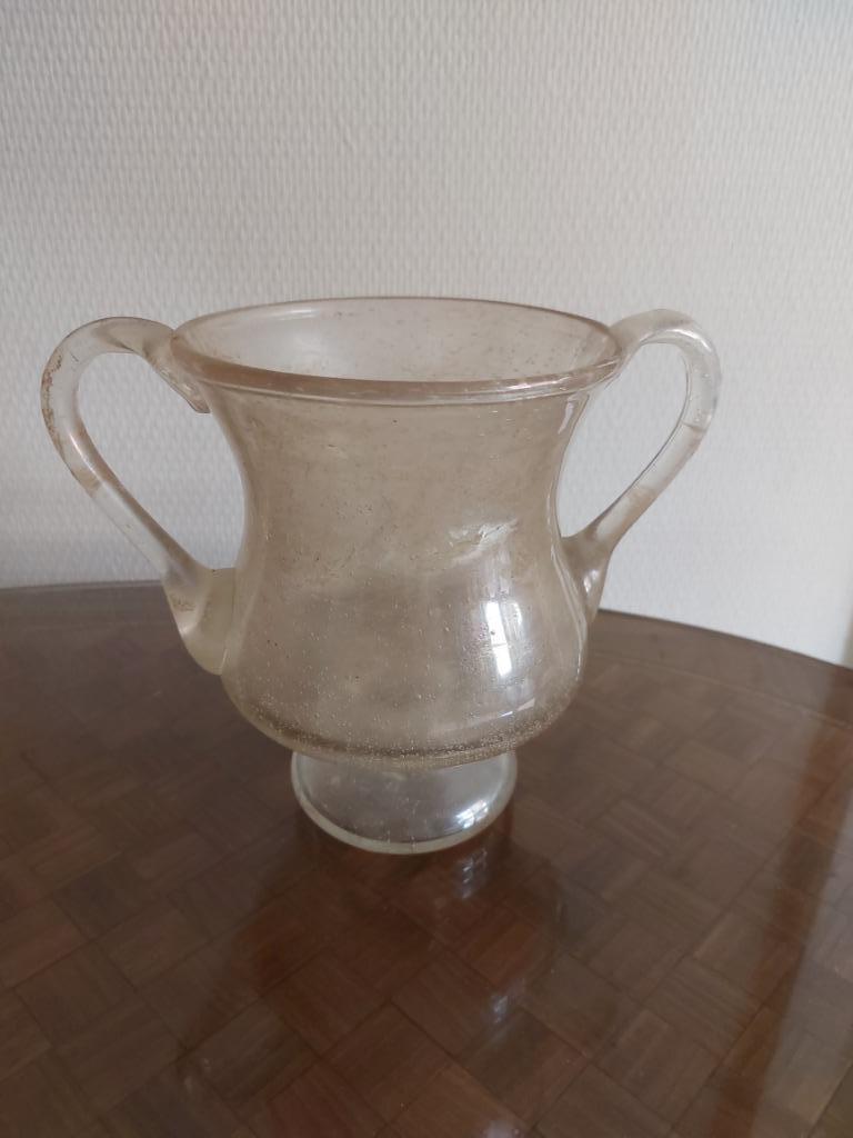 Oude glazen mondgeblazen pot op voet met pontil mark 2 oren, Antiek en Kunst, Ophalen of Verzenden