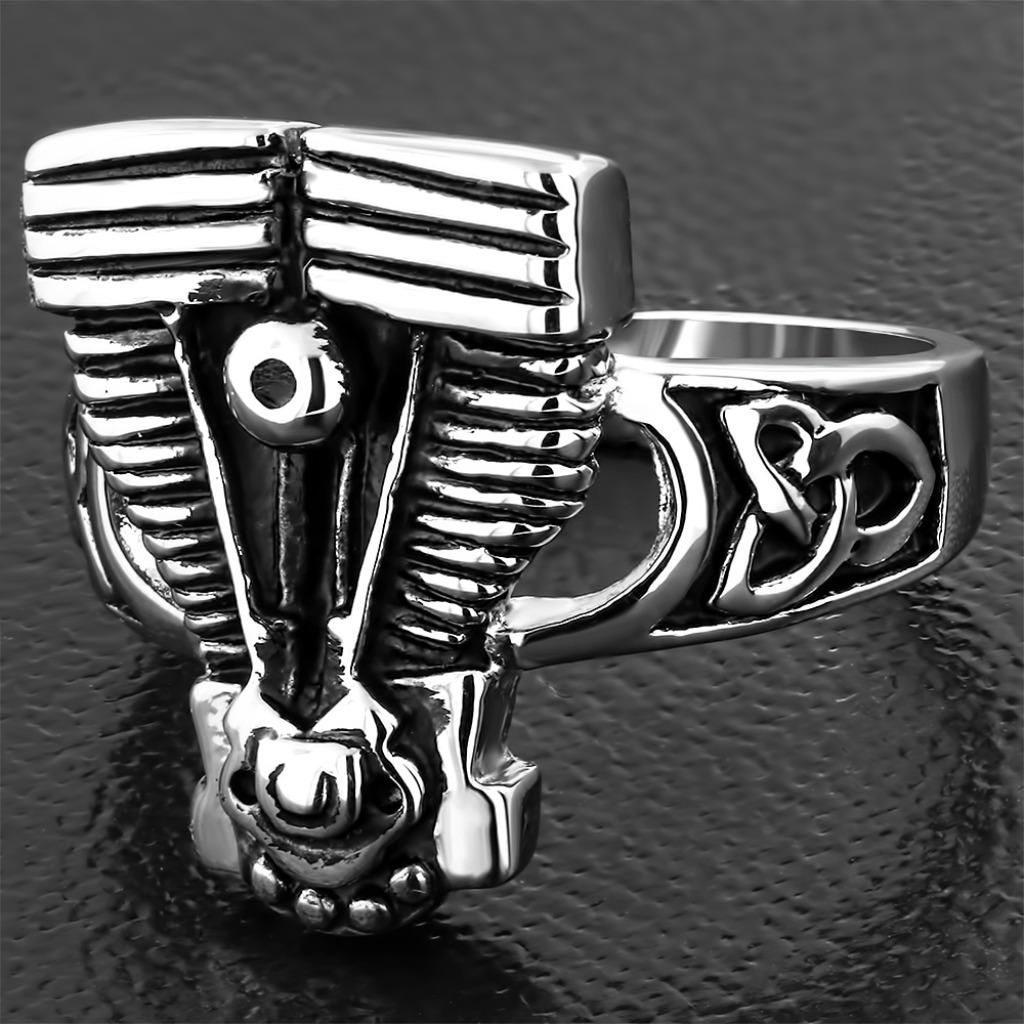 Motorblok V-Twin bikerring in chirurgisch staal, Handtassen en Accessoires, Ringen, Nieuw, Dame of Heer, Zilver, IJzer of Staal