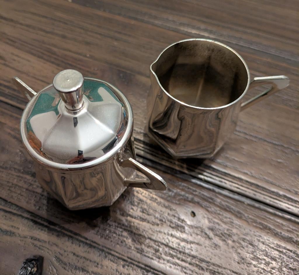 Verzilverd suikerpotje & melkkannetje, Ophalen, Zilver