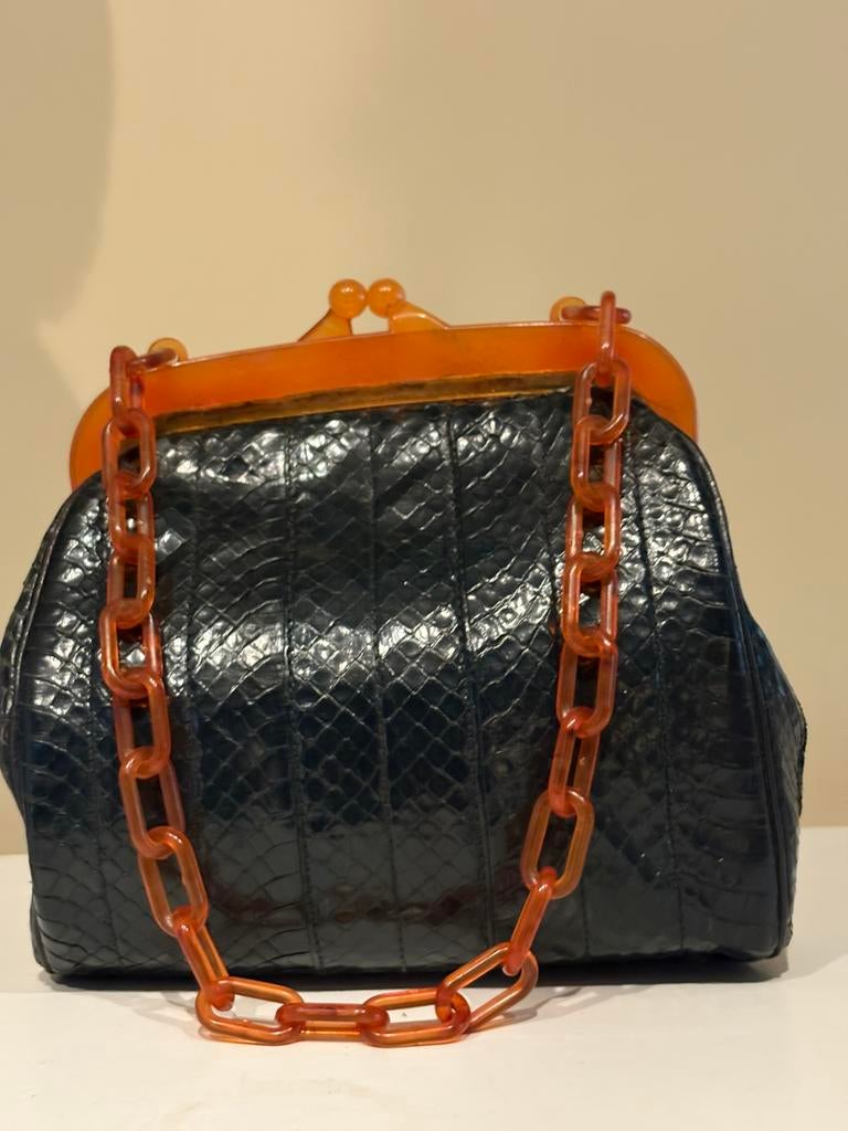 Vintage clutch marineblauw slangenleer, Handtassen en Accessoires, Tassen | Damestassen, Ophalen of Verzenden, Zo goed als nieuw