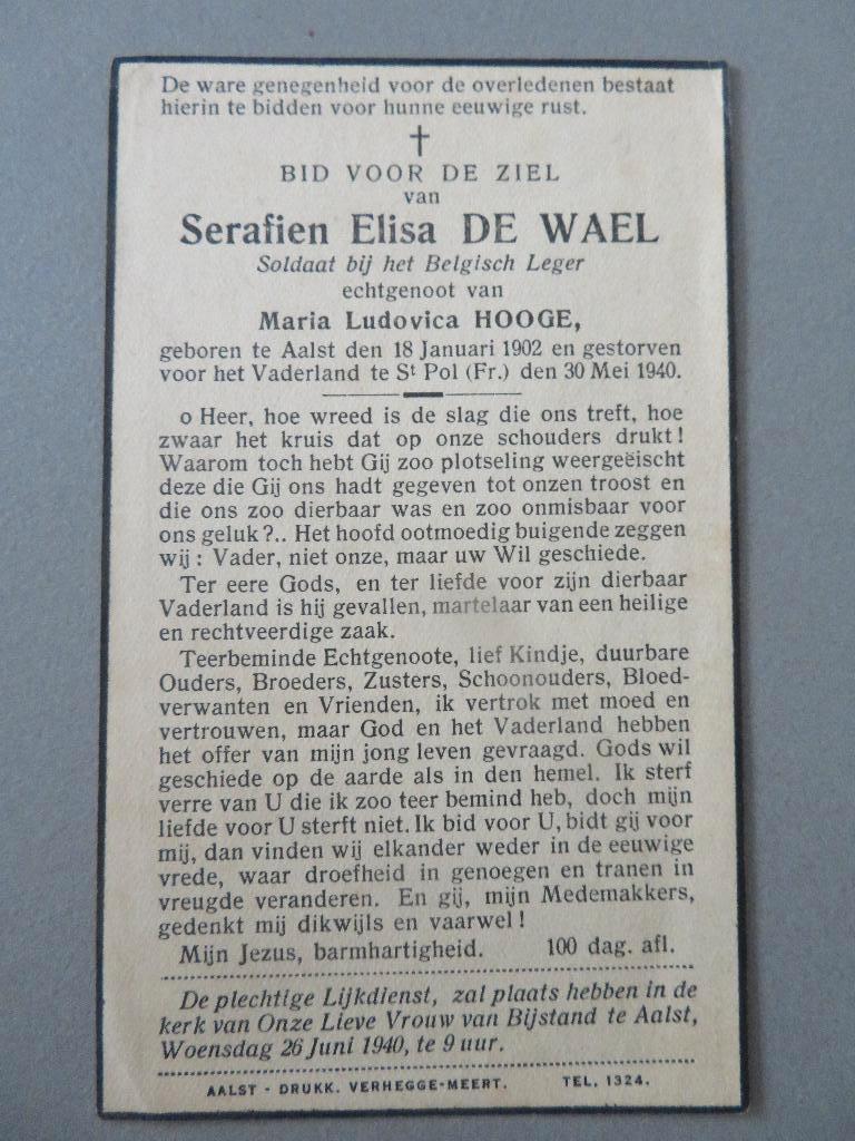 soldaat Serafien Elisa de Wael WO2 Aalst - St. Pol Fr., Verzamelen, Bidprentjes en Rouwkaarten, Ophalen of Verzenden, Bidprentje