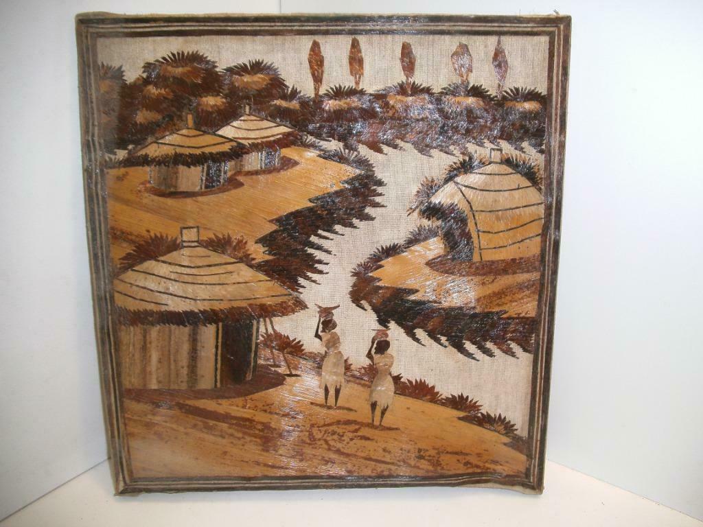 Collage peinture vue village congolais (S051), Antiquités & Art, Enlèvement ou Envoi