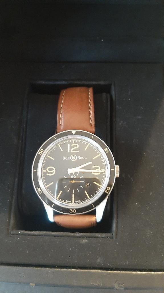 Bell & Ross Vintage horloge BR 123 met gouden wijzers, Handtassen en Accessoires, Overige merken, Leer, Staal, Polshorloge