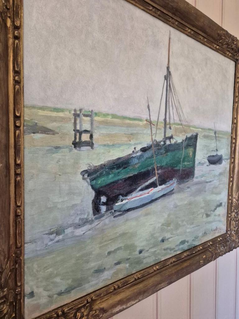 Boten bij Nieuwpoort, olie op doek van Gaston Haustrate, Ophalen