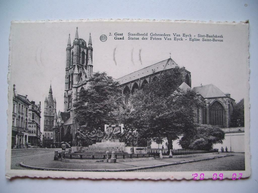Postkaart : Gent :Standbeeld Gebroeders Van Eyck - St. Baafs, Verzenden, 1940 tot 1960, Gelopen, Oost-Vlaanderen