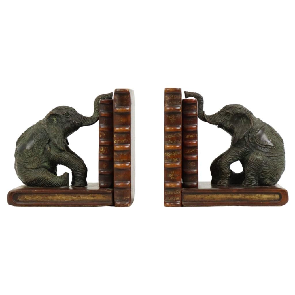 Vintage Koppel Boekensteunen Olifant Gepatineerd Brons Hout, Ophalen of Verzenden