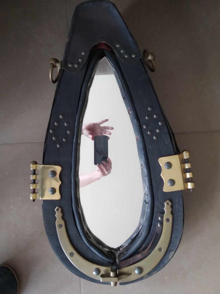 antieke spiegel in paardengareel in heel mooie staat, Ophalen, Overige vormen, Minder dan 50 cm, Minder dan 100 cm