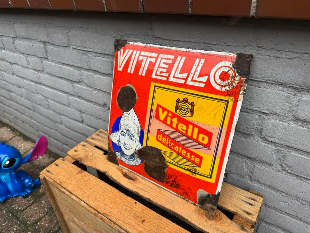 Ancien panneau d'affichage en émail Vitello, Collections, Enlèvement ou Envoi, Utilisé, Panneau publicitaire