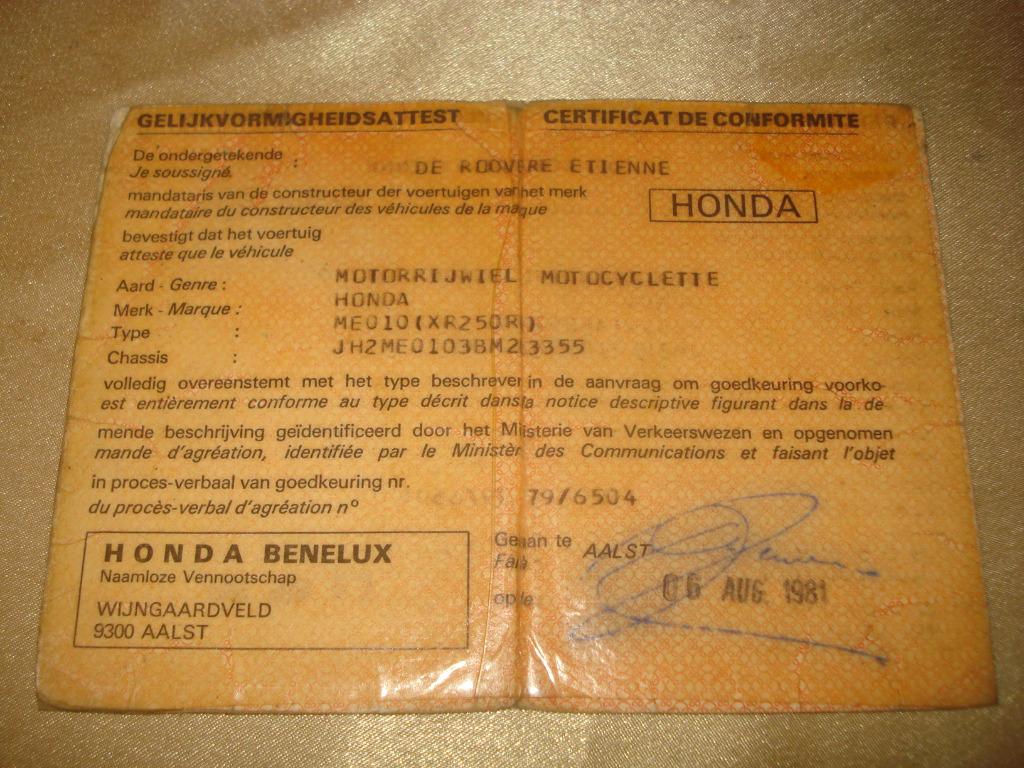 Ancien Certificat Conformité Moto Honda XR-250 R 1981, Enlèvement ou Envoi, Honda