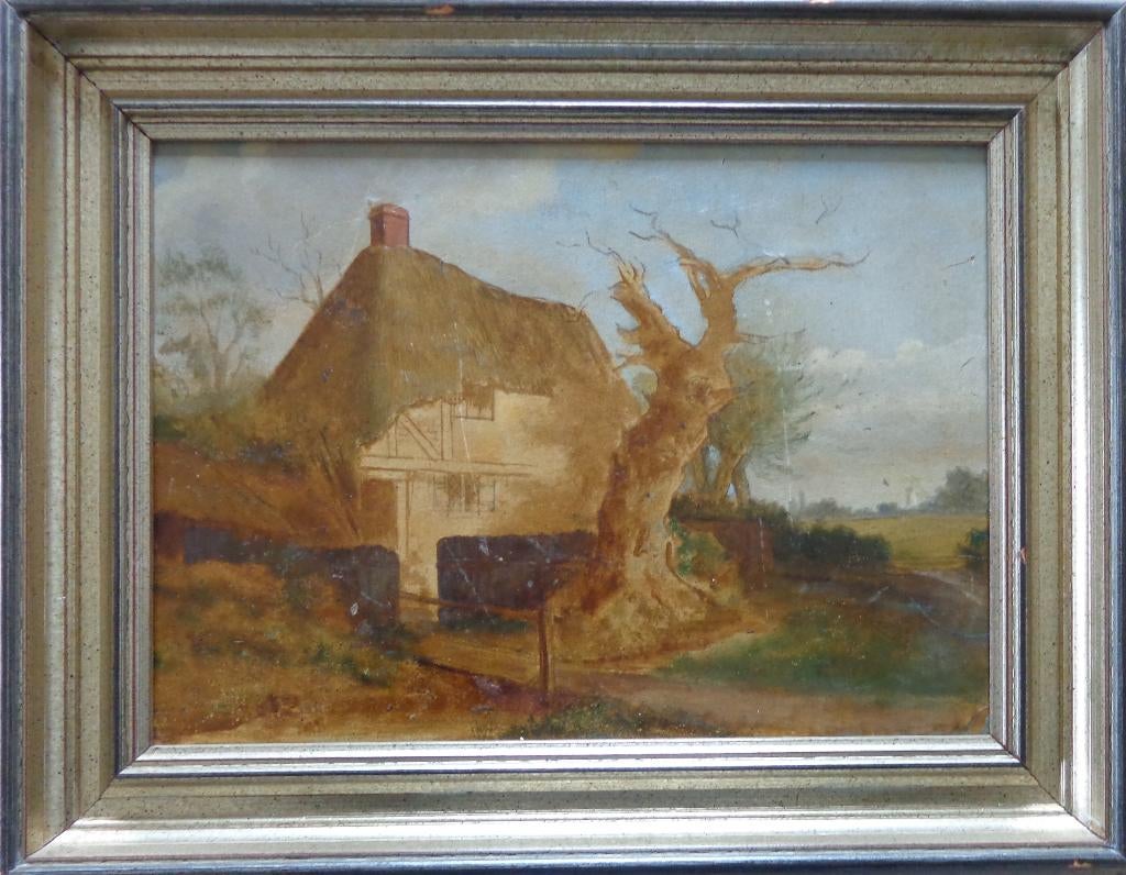 BELGISCHE SCHOOL / HOEVE BIJ BOOM / OLIEVERF / 33x41cm KADER, Antiek en Kunst, Ophalen of Verzenden