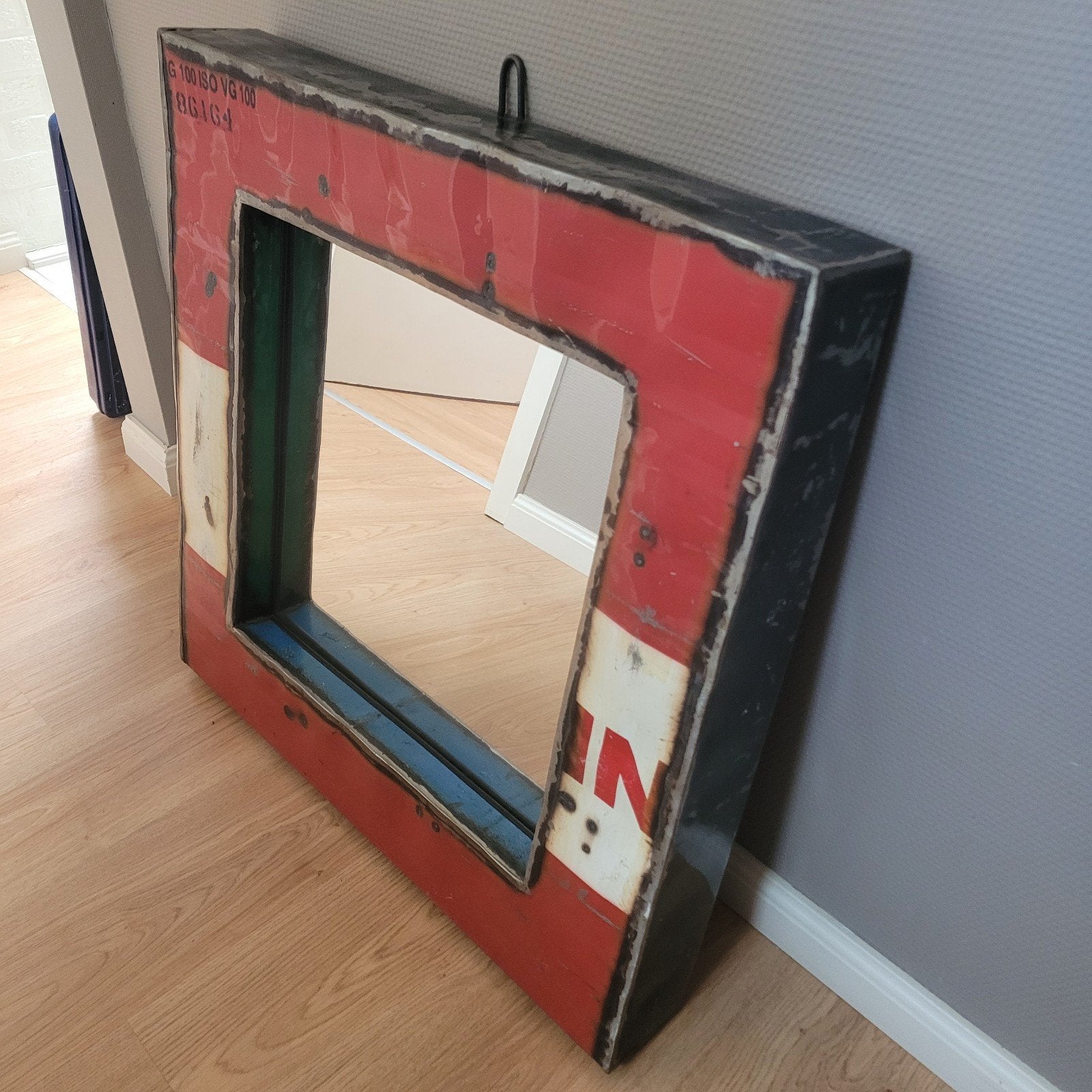 Industriële spiegel van olievat – 74 x 74 cm, Antiek en Kunst, Ophalen, Rechthoekig, 50 tot 100 cm, Minder dan 100 cm