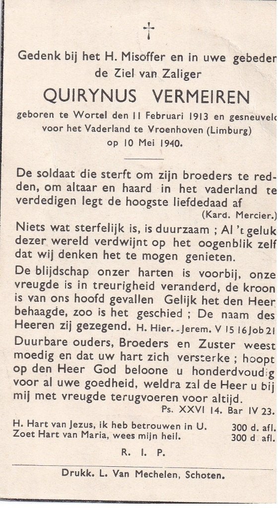 B P OORLOG VERMEIREN TE VROENHOVEN 1940, Verzamelen, Bidprentjes en Rouwkaarten, Ophalen of Verzenden, Bidprentje