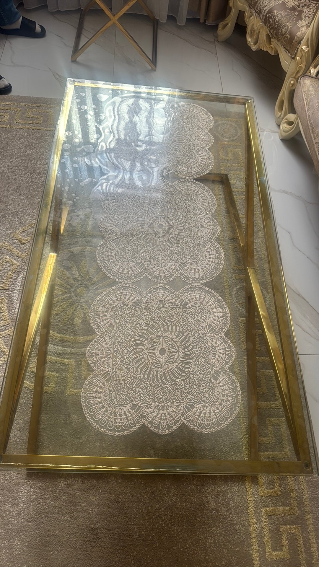 Salon tafel van glas, goudrand, Enlèvement, Comme neuf, Verre