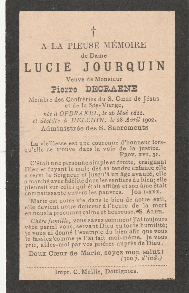 + 2 / B P JOUQUIN LUCIE OPBRAKEL 1822 - 1902 HELCHIN, Verzamelen, Bidprentjes en Rouwkaarten, Ophalen of Verzenden, Bidprentje