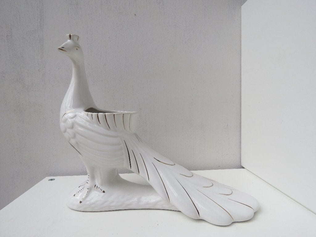 Keramiek Pauw sculptuur  planter wit goudaccenten, Antiek en Kunst, Ophalen of Verzenden