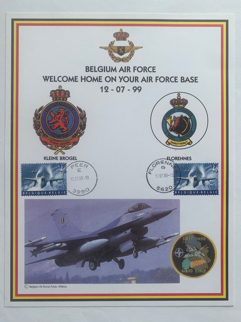First day card F-16 Belgian Air Force 1999 Kosovo NAVO, Collections, Enlèvement ou Envoi, Armée de l'air, Autres types