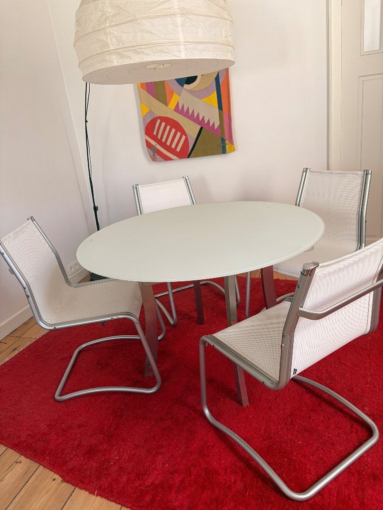 Joli glazen tafel + 4 bijpassende stoelen, Huis en Inrichting, Tafels | Eettafels, Ophalen, Rond, Vier personen, 100 tot 150 cm