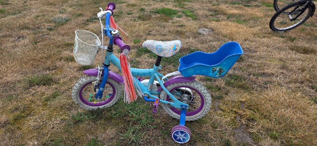 meisjesfiets Frozen met zijwieltjes en stoetje voor pop, Overige merken, Frein à rétropédalage, Enlèvement, Utilisé