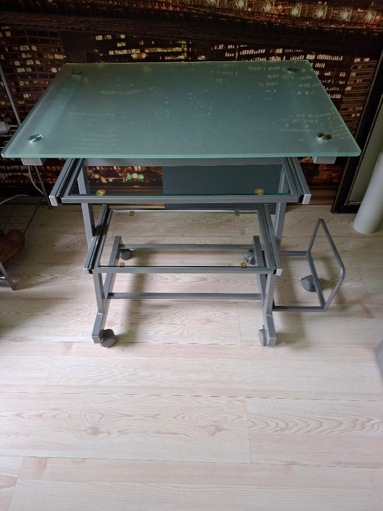 Computertafel glas en metaal, Ophalen, Gebruikt, Glas, 40 tot 80 cm