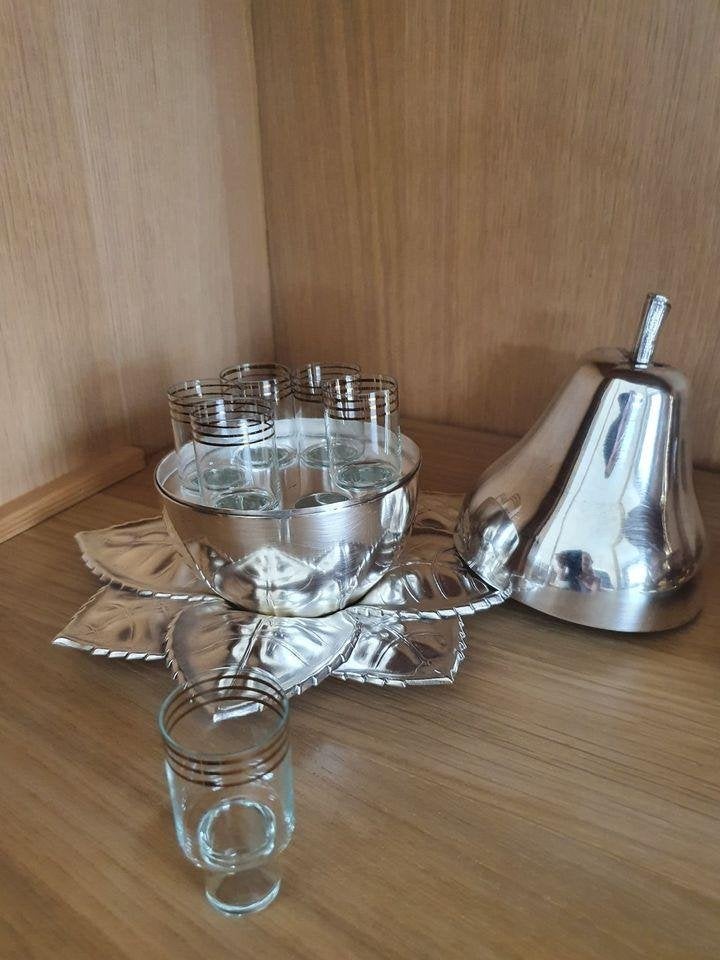 Art Deco Likeurset Verzilverde Peer op Bladplateau Jaren '30, Ophalen of Verzenden