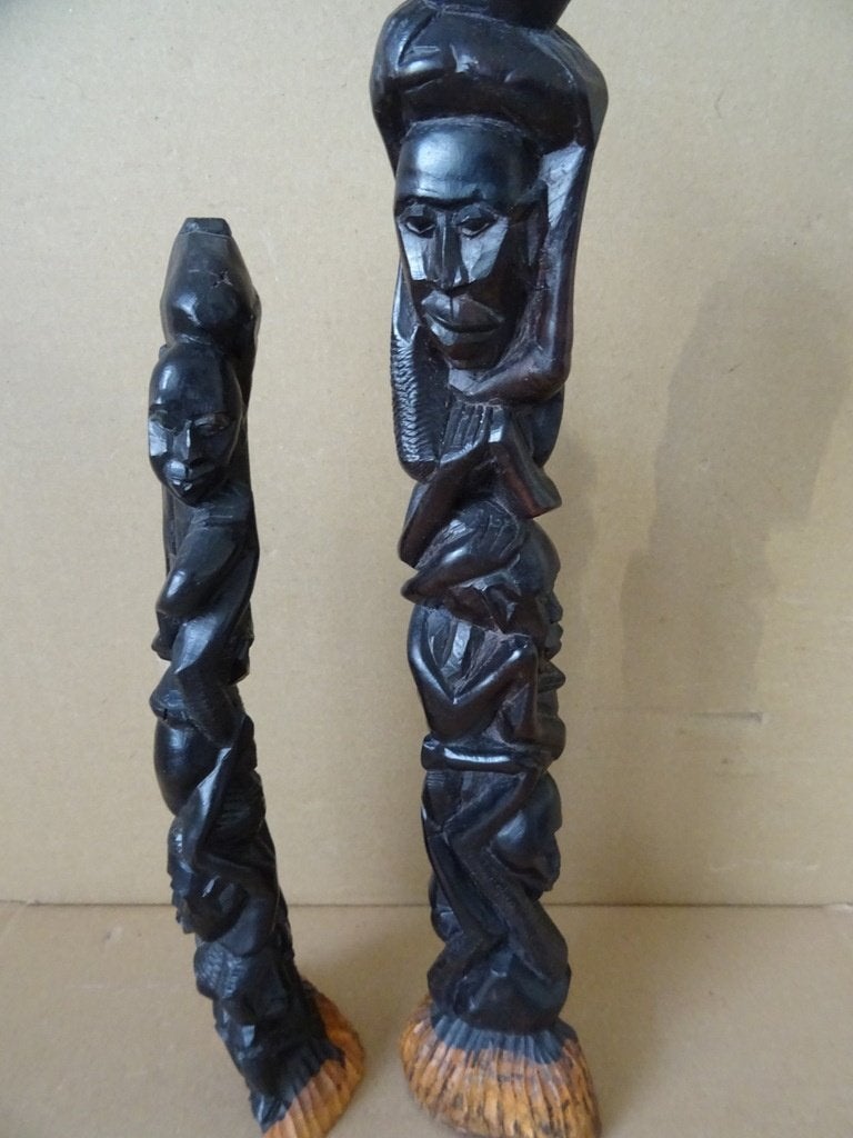 Set ebbenhouten beeld beelden levensboom 31cm + 37cm 1980, Ophalen of Verzenden